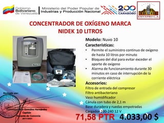 Modelo: Nuvo 10
Características:
• Permite el suministro continuo de oxígeno
de hasta 10 litros por minuto
• Bloqueo del dial para evitar exceder el
aporte de oxígeno
• Alarma de funcionamiento durante 30
minutos en caso de interrupción de la
corriente eléctrica
Accesorios:
Filtro de entrada del compresor
Filtro antibacteriano
Vaso humidificador
Cánula con tubo de 2,1 m
Base duradera y ruedas empotradas
Cargador 100-240 12 V
CONCENTRADOR DE OXÍGENO MARCA
NIDEK 10 LITROS
4.033,00 $
71,58 PTR
 