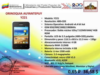 ORINOQUIA AUYANTEPUY
Y221
0,65 ₽ 36,58 $
• Modelo: Y221
• Resolución: 480×320
• Sistema Operativo: Android v4.4 kit kat
• GSM 850/900/1800/1900MHz
• Procesador: Doble núcleo 1Ghz/ 512MB RAM/ 4GB
ROM
• Pantalla: LCD de 3.5 pulgadas (480×320) pixeles
• Dimensión y peso: 116.5 x 60.6 x 12.3 mm – 130gr
• Almacenamiento interno: 4 GB
• Memoria RAM: 512MB
• Memoria interna incluida: 4 GB
• Batería: Li-Ion 1500 mAh
• Cámara: 2.0 megapíxeles
• Conectividad: micro USB V2.0
• Bluetooth: v3.0, A2DP
• WiFi: 802.11 b/g/n, hotspot
• Liberado para Línea Movilnet, Movistar y Digitel
 