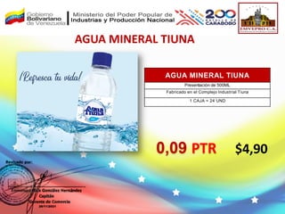 AGUA MINERAL TIUNA
$4,90
AGUA MINERAL TIUNA
Presentación de 500ML
Fabricado en el Complejo Industrial Tiuna
1 CAJA = 24 UND
0,09 PTR
 
