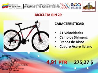 BICICLETA RIN 29
CARACTERISTICAS:
• 21 Velocidades
• Cambios Shimeng
• Frenos de Disco
• Cuadro Acero liviano
275,27 $
4,91 PTR
 