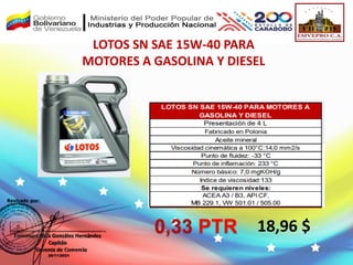 LOTOS SN SAE 15W-40 PARA
MOTORES A GASOLINA Y DIESEL
18,96 $
0,33 PTR
 