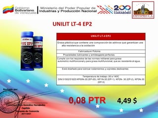 UNILIT LT-4 EP2
4,49 $
UNILIT LT-4 EP2
Grasa plástica que contiene una composición de aditivos que garantizan una
alta resistencia a la oxidación
Fabricada en Polonia
Propiedades lubricantes y antidesgaste perfectas.
Cumple con los requisitos de las normas militares para grasa
automotriz multifuncional y para grasa multifuncional, que es resistente al agua.
Está diseñado para lubricar rodamientos y cojinetes deslizantes
Temperatura de trabajo -30 a 140C
DIN 51502/51825 KP00N-30 (EP-00), KP1N-30 (EP-1), KP2N- 30 (EP-2), KP3N-30
(EP-3)
0,08 PTR
 