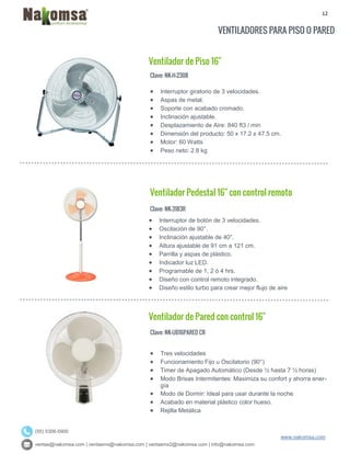 12
ventas@nakomsa.com | ventasmx@nakomsa.com | ventasmx2@nakomsa.com | info@nakomsa.com
www.nakomsa.com
(55) 5308-5900
VENTILADORES PARA PISO O PARED
Ventilador de Piso 16"
Clave: NK-H-2308
Clave: NK-3183R
 Interruptor de botón de 3 velocidades.
 Oscilación de 90°.
 Inclinación ajustable de 40°.
 Altura ajustable de 91 cm a 121 cm.
 Parrilla y aspas de plástico.
 Indicador luz LED.
 Programable de 1, 2 ó 4 hrs.
 Diseño con control remoto integrado.
 Diseño estilo turbo para crear mejor flujo de aire
Ventilador de Pared con control 16"
Clave: NK-UB16PARED CR
 Tres velocidades
 Funcionamiento Fijo u Oscilatorio (90°)
 Timer de Apagado Automático (Desde ½ hasta 7 ½ horas)
 Modo Brisas Intermitentes: Maximiza su confort y ahorra ener-
gía
 Modo de Dormir: Ideal para usar durante la noche
 Acabado en material plástico color hueso.
 Rejilla Metálica
 Interruptor giratorio de 3 velocidades.
 Aspas de metal.
 Soporte con acabado cromado.
 Inclinación ajustable.
 Desplazamiento de Aire: 840 ft3 / min
 Dimensión del producto: 50 x 17.2 x 47.5 cm.
 Motor: 60 Watts
 Peso neto: 2.8 kg
Ventilador Pedestal 16" con control remoto
 