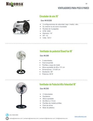 13
ventas@nakomsa.com | ventasmx@nakomsa.com | ventasmx2@nakomsa.com | info@nakomsa.com
www.nakomsa.com
(55) 5308-5900
VENTILADORES PARA PISO O PARED
Circulador de aire 16"
Clave: NK-1033200
Clave: NK-3389
 3 velocidades,
 Fácil ensamble
 Parrillas y aspa de metal
 Altura ajustable de 96 a 131 cm
 Dimensiones: 131x50 cm
 Oscilación: 90°
 Potencia: 84 W
Ventilador de Pedestal Alta Velocidad 18"
Clave: NK-3365
 3 Velocidades
 Oscilatorio
 Altura ajustable
 De 88cm a 131cm
 Parrillas de metal/cuchillas
 Fácil de armar
 Base de plástico
 3 configuraciones de velocidad: bajo / medio / alto .
 Su exterior es de acero inoxidable
 Ruedas de 4 pulgadas
 CFM: 3000
 Diámetro: 16"
 HP: 1/2
 Volts: 120 V
Ventilador de pedestal Stand Fan 18"
 