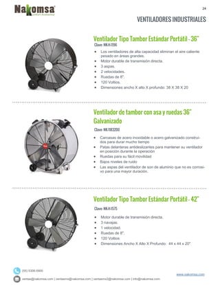24
ventas@nakomsa.com | ventasmx@nakomsa.com | ventasmx2@nakomsa.com | info@nakomsa.com
www.nakomsa.com
(55) 5308-5900
VENTILADORES INDUSTRIALES
Ventilador Tipo Tambor Estándar Portátil - 36"
Clave: NK-H-1196
Clave: NK-1183200
 Carcasas de acero inoxidable o acero galvanizado construi-
dos para durar mucho tiempo
 Patas delanteras antideslizantes para mantener su ventilador
en posición durante la operación
 Ruedas para su fácil movilidad
 Bajos niveles de ruido
 Las aspas del ventilador de son de aluminio que no es corrosi-
vo para una mayor duración.
Ventilador Tipo Tambor Estándar Portátil - 42"
Clave: NK-H-1575
 Motor durable de transmisión directa.
 3 navajas.
 1 velocidad.
 Ruedas de 8".
 120 Voltios
 Dimensiones Ancho X Alto X Profundo: 44 x 44 x 20"
 Los ventiladores de alta capacidad eliminan el aire caliente
pesado en áreas grandes.
 Motor durable de transmisión directa.
 3 aspas.
 2 velocidades.
 Ruedas de 8".
 120 Voltios.
 Dimensiones ancho X alto X profundo: 38 X 38 X 20
Ventilador de tambor con asa y ruedas 36"
Galvanizado
 