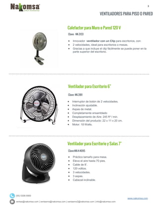 3
ventas@nakomsa.com | ventasmx@nakomsa.com | ventasmx2@nakomsa.com | info@nakomsa.com
www.nakomsa.com
(55) 5308-5900
VENTILADORES PARA PISO O PARED
Calefactor para Muro o Pared 120 V
Clave: NK-3133
 Innovador ventilador con un Clip para escritorios, con:
 2 velocidades, ideal para escritorios o mesas.
 Gracias a que incluye el clip fácilmente se puede poner en la
parte superior del escritorio.
Ventilador para Escritorio 6"
Clave: NK-3181
 Interruptor de botón de 2 velocidades.
 Inclinación ajustable.
 Aspas de metal.
 Completamente ensamblado
 Desplazamiento de Aire: 245 ft³ / min.
 Dimensión del producto: 22 x 11 x 20 cm.
 Motor: 18 Watts.
Ventilador para Escritorio y Salas 7"
Clave:NK-H-4095
 Práctico tamaño para mesa.
 Eleva el aire hasta 70 pies.
 Cable de 8'.
 120 voltios.
 3 velocidades.
 3 aspas.
 Cabezal inclinable.
 