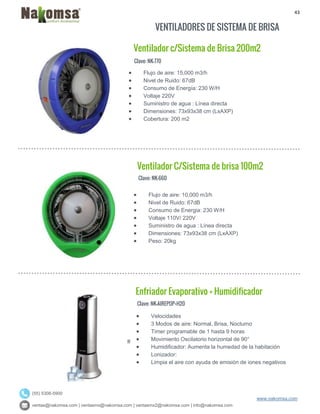 43
ventas@nakomsa.com | ventasmx@nakomsa.com | ventasmx2@nakomsa.com | info@nakomsa.com
www.nakomsa.com
(55) 5308-5900
VENTILADORES DE SISTEMA DE BRISA
Clave: NK-770
Clave: NK-660
 Flujo de aire: 10,000 m3/h
 Nivel de Ruido: 67dB
 Consumo de Energia: 230 W/H
 Voltaje 110V/ 220V
 Suministro de agua : Línea directa
 Dimensiones: 73x93x38 cm (LxAXP)
 Peso: 20kg
Clave: NK-AIREPOP+H20
 Flujo de aire: 15,000 m3/h
 Nivel de Ruido: 67dB
 Consumo de Energía: 230 W/H
 Voltaje 220V
 Suministro de agua : Línea directa
 Dimensiones: 73x93x38 cm (LxAXP)
 Cobertura: 200 m2
Ventilador C/Sistema de brisa 100m2
Enfriador Evaporativo + Humidificador
Ventilador c/Sistema de Brisa 200m2
 Velocidades
 3 Modos de aire: Normal, Brisa, Nocturno
 Timer programable de 1 hasta 9 horas
 Movimiento Oscilatorio horizontal de 90°
 Humidificador: Aumenta la humedad de la habitación
 Lonizador:
 Limpia el aire con ayuda de emisión de iones negativos
 