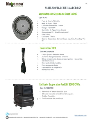 44
ventas@nakomsa.com | ventasmx@nakomsa.com | ventasmx2@nakomsa.com | info@nakomsa.com
www.nakomsa.com
(55) 5308-5900
VENTILADORES DE SISTEMA DE BRISA
Clave: NK-767
Clave: NK-CONTENEDOR
 Limpia, purifica e hidrata el aire
 Aumenta el oxigenación del ambiente
 Diluye concentración de solventes orgánicos y concentra-
ción de amoniaco
 Elimina electricidad estática
 Elimina gases e olores
 Elimina polvo en suspensión
 No necesita filtro
Clave: NK-PAC2KCYCOI
 Flujo de Aire: 5,780 m3/h
 Nivel de Ruido: 73dB
 Consumo de Energia: 370W/H
 Voltaje: 110V/220V
 Suministro de Agua: Línea Directa
 Dimensiones:73 x 93 x38 cms (LxAxP)
 Peso: 21 kg
 Cobertura: 130m2
 Colores Disponibles: Blanco, Negro, rojo, Gris, Amarillo y Ver-
de
Contenedor 100L
Enfriador Evaporativo Portátil 3000 CFM's
Ventilador con Sistema de Brisa 130m2
 Opciones de relleno de doble agua
 Llenado manual o conexión de la manguera
 Rejillas Ajustables
 Suministro de aire centrífugo
 