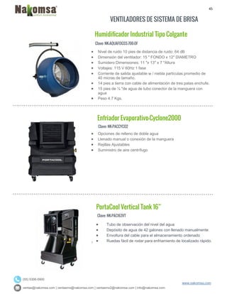 45
ventas@nakomsa.com | ventasmx@nakomsa.com | ventasmx2@nakomsa.com | info@nakomsa.com
www.nakomsa.com
(55) 5308-5900
VENTILADORES DE SISTEMA DE BRISA
Clave: NK-AQUAFOGSS-700-DF
Clave: NK-PACCYCO2
 Opciones de relleno de doble agua
 Llenado manual o conexión de la manguera
 Rejillas Ajustables
 Suministro de aire centrífugo
Clave: NK-PAC163VT
 Nivel de ruido 10 pies de distancia de ruido: 64 dB
 Dimensión del ventilador: 15 " FONDO x 12" DIAMETRO
 Sumidero Dimensiones: 11 "x 13" x 7 "Altura
 Voltajes: 115 V 60Hz 1 fase
 Corriente de salida ajustable w / niebla partículas promedio de
40 micras de tamaño.
 14 pies a tierra con cable de alimentación de tres patas enchufe.
 15 pies de ¼ "de agua de tubo conector de la manguera con
agua
 Peso 4.7 Kgs.
Enfriador Evaporativo-Cyclone2000
PortaCool Vertical Tank 16”
Humidificador Industrial Tipo Colgante
 Tubo de observación del nivel del agua
 Depósito de agua de 42 galones con llenado manualmente
 Envoltura del cable para el almacenamiento ordenado
 Ruedas fácil de rodar para enfriamiento de localizado rápido.
 