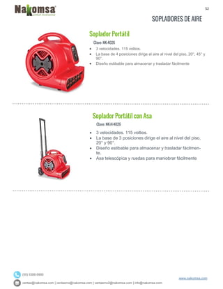52
ventas@nakomsa.com | ventasmx@nakomsa.com | ventasmx2@nakomsa.com | info@nakomsa.com
www.nakomsa.com
(55) 5308-5900
Clave: NK-4026
Clave: NK-H-4026
 3 velocidades. 115 voltios.
 La base de 3 posiciones dirige el aire al nivel del piso,
20° y 90°.
 Diseño estibable para almacenar y trasladar fácilmen-
te.
 Asa telescópica y ruedas para maniobrar fácilmente
 3 velocidades. 115 voltios.
 La base de 4 posiciones dirige el aire al nivel del piso, 20°, 45° y
90°.
 Diseño estibable para almacenar y trasladar fácilmente
Soplador Portátil
Soplador Portátil con Asa
SOPLADORES DE AIRE
 