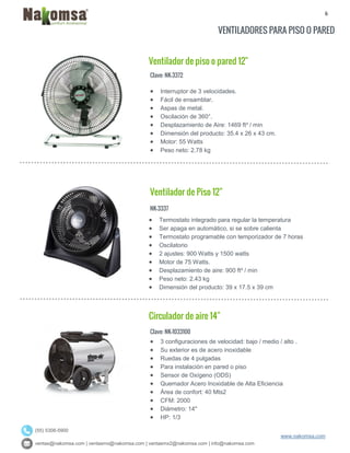 6
ventas@nakomsa.com | ventasmx@nakomsa.com | ventasmx2@nakomsa.com | info@nakomsa.com
www.nakomsa.com
(55) 5308-5900
VENTILADORES PARA PISO O PARED
Ventilador de piso o pared 12"
Clave: NK-3372
NK-3337
 Termostato integrado para regular la temperatura
 Ser apaga en automático, si se sobre calienta
 Termostato programable con temporizador de 7 horas
 Oscilatorio
 2 ajustes: 900 Watts y 1500 watts
 Motor de 75 Watts.
 Desplazamiento de aire: 900 ft³ / min
 Peso neto: 2.43 kg
 Dimensión del producto: 39 x 17.5 x 39 cm
Circulador de aire 14"
Clave: NK-1033100
 3 configuraciones de velocidad: bajo / medio / alto .
 Su exterior es de acero inoxidable
 Ruedas de 4 pulgadas
 Para instalación en pared o piso
 Sensor de Oxígeno (ODS)
 Quemador Acero Inoxidable de Alta Eficiencia
 Área de confort: 40 Mts2
 CFM: 2000
 Diámetro: 14"
 HP: 1/3
 Interruptor de 3 velocidades.
 Fácil de ensamblar.
 Aspas de metal.
 Oscilación de 360°.
 Desplazamiento de Aire: 1469 ft³ / min
 Dimensión del producto: 35.4 x 26 x 43 cm.
 Motor: 55 Watts
 Peso neto: 2.78 kg
Ventilador de Piso 12"
 