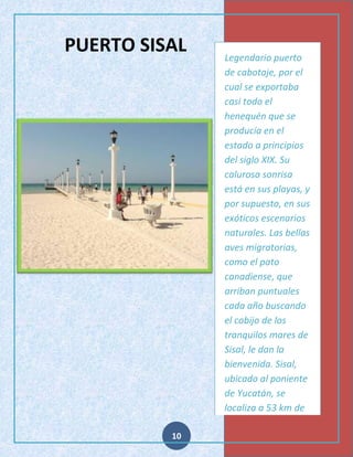 PUERTO SISAL

10

Legendario puerto
de cabotaje, por el
cual se exportaba
casi todo el
henequén que se
producía en el
estado a principios
del siglo XIX. Su
calurosa sonrisa
está en sus playas, y
por supuesto, en sus
exóticos escenarios
naturales. Las bellas
aves migratorias,
como el pato
canadiense, que
arriban puntuales
cada año buscando
el cobijo de los
tranquilos mares de
Sisal, le dan la
bienvenida. Sisal,
ubicado al poniente
de Yucatán, se
localiza a 53 km de
la ciudad de Mérida.

 