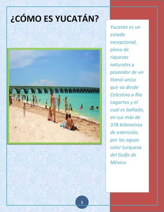 ¿CÓMO ES YUCATÁN?
Yucatán es un
estado
excepcional,
pleno de
riquezas
naturales y
poseedor de un
litoral único
que va desde
Celestina a Rio
Lagartos y el
cual es bañado,
en sus más de
378 kilómetros
de extensión,
por las aguas
color turquesa
del Golfo de
México

1

 
