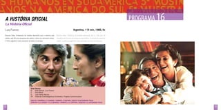 PROGRAMA 1
16

A História Oficial
La Historia Oficial
Argentina, 114 min, 1985, fic

Luis Puenzo
Buenos Aires. Professora de história desconfia que a menina que

Buenos Aires. Profesora de historia desconfía que la niña que ha

adotou seja filha de desaparecida política, vítima da repressão militar.

adoptado sea hija de una desaparecida política, víctima de la represión

O filme argentino mais premiado de todos os tempos.

militar. La película argentina más premiada de todos los tiempos.

Ficha Técnica
R	
Aída Bortnik, Luis Puenzo
F	Felix Monti
E	
Juan Carlos Macías
EP	 Historias Cinematograficas Cinemania, Progress Communication
Direito à memória e à verdade / combate à tortura / direito à integridade física
derecho a la verdad y a la memoria / combate a la tortura / derecho a la integridad física

52

53

 