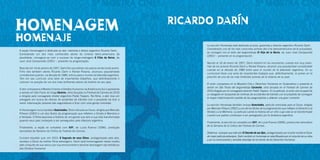 HOMENAGEM
Homenaje

A seção Homenagem é dedicada ao ator, roteirista e diretor argentino Ricardo Darín.
Considerado um dos mais conhecidos atores do cinema latino-americano da
atualidade, consagrou-se com o sucesso do longa-metragem O Filho da Noiva, de
Juan José Campanella (2001) – presente na programação.
Nascido em 16 de janeiro de 1957, Darín fez sua estreia nos palcos ainda muito jovem.
Filho dos também atores Ricardo Darín e Reneé Roxana, alcançou popularidade
considerável quando, na década de 1980, entrou para o mundo da televisão argentina.
Tem em seu currículo uma série de importantes trabalhos, que definitivamente o
colocam na posição de um dos mais brilhantes atores da história do seu país.
O ator comparece à Mostra Cinema e Direitos Humanos na América do Sul e apresenta
a sessão em São Paulo do longa Abutres, obra lançada no Festival de Cannes de 2010
e dirigida pelo consagrado diretor argentino Pablo Trapero. No filme, o ator vive um
advogado em busca de vítimas de acidentes de trânsito com o propósito de tirar a
maior indenização possível das seguradoras e ficar com uma gorda comissão.
A Homenagem inclui também Kamchatka, filme indicado ao Oscar, dirigido por Marcelo
Piñeyro (2002) e um dos títulos da programação que refletem o Direito à Memória e
à Verdade. O filme descreve a história de um garoto que tem a sua vida transformada
quando seus pais começam a ser perseguidos pela ditadura argentina.
Finalmente, a seção se completa com XXY, de Lucía Puenzo (2006), produção
vencedora da Semana da Crítica do Festival de Cannes.
Cumpre ressaltar que, em 2010, O Segredo de seus Olhos, protagonizado pelo ator,
recebeu o Oscar de melhor filme estrangeiro. Darín será homenageado nesse mostra
pelo conjunto de sua obra e por sua emocionante e sensível abordagem das temáticas
dos Direitos Humanos

62

RICARDO DARÍN
PROGRAMA 1
La sección Homenaje está dedicada al actor, guionista y director argentino Ricardo Darín.
Considerado uno de los más conocidos actores del cine latinoamericano de la actualidad,
se consagró con el éxito del largometraje El hijo de la novia, de Juan José Campanella
(2001) – presente en la programación.
Nacido el 16 de enero de 1957, Darín estrenó en los escenarios cuando era muy joven.
Hijo de los actores Ricardo Darín y Reneé Roxana, alcanzó una popularidad considerable
cuando en la década de 1980 entró para el mundo de la televisión argentina. En su
currículum tiene una serie de importantes trabajos que, definitivamente, lo ponen en la
posición de uno de los más brillantes actores de la historia de su país.
El actor comparece en la Muestra Cine y Derechos Humanos en Sudamérica y presenta la
sesión en São Paulo del largometraje Carancho, obra lanzada en el Festival de Cannes de
2010 dirigida por el consagrado director Pablo Trapero. En la película, el actor vive el papel de
un abogado en búsqueda de víctimas de accidentes de tránsito con el propósito de conseguir
la mayor indemnización posible de las aseguradoras y obtener una gran comisión.
La sección Homenaje también incluye Kamchatka, película nominada para el Oscar, dirigida
por Marcelo Piñeyro (2002) y uno de los títulos de la programación que reflejan el Derecho a la
Verdad y a la Memoria. La película cuenta la historia de un niño cuya vida se ve transformada
cuando sus padres comienzan a ser perseguidos por la dictadura argentina.
Finalmente, la sección se completa con XXY, de Lucía Puenzo (2006), producción vencedora
de la Semana de la Crítica del Festival de Cannes.
Debemos subrayar que este año El Secreto de sus Ojos, protagonizados por el actor recibió el Óscar
de mejor película extranjera. Darín recibirá un homenaje en esta Muestra por el conjunto de su obra
y por su emocionante y sensible abordaje de los temas de los Derechos Humanos.

63

 