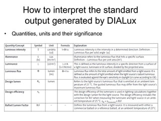 How to interpret the standard
output generated by DIALux
• Quantities, units and their significance
 