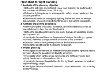 Flow chart for light planning
1. Analysis of the planning objective
• Define the activities and different visual work that may be performed in
the premises at different times of the day.
• Define the lighting demands with regard to safety, visual needs and the
visual experience.
• Examine the need for emergency lighting. Define the aims for energy
consumption, environment and maintenance of the lighting installation.
2. Analysis of planning conditions
• Define applicable provisions, standards, recommendations as well as
special demands from the client and users.
• Define the conditions for lighting the room, the type of workplace and its
working area, etc.
• Investigate the conditions for the premises’ design, furnishings, type of
monitors, flexibility, daylight and the character of the premises.
• Establish the economic prerequisites for the installation and the
maintenance conditions for the lighting installation.
3. Overall planning
• Investigate the conditions for interaction between electric light and natural
daylight. Check the possibility of daylight screening.
• Investigate which light sources, luminaires and lighting systems best
satisfy the demands aims and conditions.
• Investigate the control possibilities for the lighting to increase comfort and
improve energy usage.
• Investigate the overall co-ordination with other installations, colour setting
and furnishings.
 
