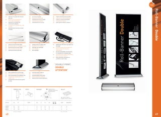 4948
DOUBLE PRINT,
DOUBLE
ATTENTION”
“
Roll-BannerDouble
200
200
200
60
51
32
EN padded bag with braces and zipper over
full length
DE verstärkte Tasche mit Innenfutter und
Reißverschluss über die ganze
Taschenlänge
NL tas met verstevigingen, binnenvoering
en ritssluiting over volledige lengte
FR sac renforcé avec doublure et fermeture
éclair sur toute la longueur
ES bolsa acolchada y reforzada con
cremallera a todo lo largo
EN levelling screws on bottom side
DE Stellfüße an der Unterseite
NL stelvoeten aan onderzijde
FR pieds réglables
ES pies regulables
EN minimised graphic distance
DE minimaler Graﬁkabstand
NL minimale afstand tussen prints
FR distance graphique minimisée
ES distancia mínima entre impresiones
85
100
120
36
36
27
1
1
1
29
29
25
99
113
135
24
28
22
3
3
2
48
42
24
PCS. OF
IN
EURO INDUSTRIAL
GRAPHIC SIZE SPECS
W1 W2H1 POLES L2 H2 KG
H2
L2
W2
PACKAGE PALLET
Euro = 80 cm x 120 cm
Industrial = 100 cm x 120 cm
=
All sizes in centimeters Max. pcs. on pallet
RBD085
RBD100
RBD120
ART. NR.
EN side view of cassette with chromed
side caps
DE Seitenansicht von Kassette mit
verchromten Seitenkappen
NL zijaanzicht van cassette met
verchroomde zijkappen
FR vue latérale de la cassette avec côtés
chromés
ES vista lateral de la carcasa con tapas
cromadas
EN rear view of cassette
DE Rückansicht der Kassette
NL achteraanzicht van de cassette
FR vue arrière de la cassette
ES vista posterior de la carcasa
EN aluminium pole with ﬁxed height
DE Aluminiumstange mit vorgegebener Höhe
NL aluminium paal met vaste hoogte
FR mât en aluminium à hauteur ﬁxe
ES mástil de aluminio de altura ﬁja
EN extra compartment for pole storage
DE Zusatzfach zum Verstauen der Stange
NL extra compartiment voor opbergen paal
FR compartiment supplémentaire pour
ranger le mât
ES compartimiento adicional para guardar
el mástil
EN modern and heavy duty top proﬁle
DE modernes und robustes Oberproﬁl
NL modern en robuust bovenproﬁel
FR rail moderne et robuste
ES perﬁl superior robusto y moderno
single product in
individual cardboard box
(6 mm thickness)
 