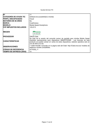 Ayudas técnicas TIC


Nº                         11
CATEGORÍA DE AYUDA TIC     Software de accesibilidad a móviles
PERFIL DISCAPACIDAD        Visual
MAYORES DE 80 AÑOS         No
MARCA                      CodeFactory
MODELO                     Mobile Speak Smartphone
PVP IMPUESTOS INCLUIDOS    125,07 €


IMAGEN

PROVEEDOR                  ONCE-Cidat
                           Se trata de la versión del conocido revisor de pantalla para móviles Mobile Speak
                           diseñada expresamente para dispositivos SMARTPHONE. Las licencias de este
CARACTERISTICAS            producto se pueden activar en varios de estos dispositivos, estando operativa solo en
                           uno de ellos a la vez.
                           ** POR FAVOR: Consultar en la página web del Cidat: http://Cidat.once.es/ modelos de
OBSERVACIONES              teléfonos móviles compatibles.
CÓDIGO DE REFERENCIA       ATTIC09_11
TIEMPO DE ENTREGA (DÍAS)   10




                                            Página 11 de 42
 