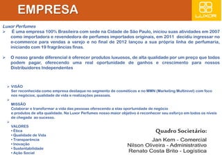 EMPRESA 
Luxor Perfumes 
 É uma empresa 100% Brasileira com sede na Cidade de São Paulo, iniciou suas atividades em 2007 
como importadora e revendedora de perfumes importados originais, em 2011 decidiu ingressar no 
e-commerce para vendas a varejo e no final de 2012 lançou a sua própria linha de perfumaria, 
iniciando com 19 fragrâncias finas. 
 O nosso grande diferencial é oferecer produtos luxuosos, de alta qualidade por um preço que todos 
podem pagar, oferecendo uma real oportunidade de ganhos e crescimento para nossos 
Distribuidores Independentes 
 VISÃO 
Ser reconhecida como empresa destaque no segmento de cosméticos e no MMN (Marketing Multinivel) com foco 
nos negócios, qualidade de vida e realizações pessoais. 
 
MISSÃO 
Colaborar e transformar a vida das pessoas oferecendo a elas oportunidade de negócio 
e produtos de alta qualidade. Na Luxor Perfumes nosso maior objetivo é reconhecer seu esforço em todos os níveis 
de chegada ao sucesso. 
 
VALORES 
• Ética 
• Qualidade de Vida 
• Transparência 
• Inovação 
• Sustentabilidade 
• Ação Social 
 