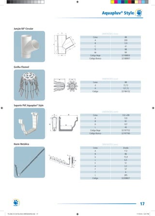17
Aquapluv®
Style
Junção 60º Circular
Grelha Flexível
Suporte PVC Aquapluv®
Style
Haste Metálica
Cotas 88
A 200
B 123
C 41
D 88
de 84
Código Bege 32188850
Código Branco 32188907
DIMENSÕES (mm)
Cotas 88
d 72,72
H 137,72
Código 32196152
DIMENSÕES (mm)
Cotas 132 x 89
A 133
B 91
H 107
L 40
Código Bege 32197752
Código Branco 32197760
DIMENSÕES (mm)
Cotas Zicada
A 112
B 86
b 15,9
c 6,5
E 51
e 3,2
F 57
f 6
L 285
Código 32208827
DIMENSÕES (mm)
TG-464-10 CATALOGO DRENAGEM.indd 17TG-464-10 CATALOGO DRENAGEM.indd 17 11/10/10 5:47 PM11/10/10 5:47 PM
 