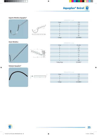 25
Aquapluv®
Beiral
Cotas 125
A 15,9
B 19
e 3,2
E 21
F 21
O 22
R 64
Código 32208800
DIMENSÕES (mm)
Cotas Zincada
A 112
B 86
b 15,9
E 51
e 3,2
F 57
f 6
L 285
Código Bege 32208827
DIMENSÕES (mm)
Cotas 125
A 210
d 3,7
e 6,7
Código 32238807
DIMENSÕES (mm)
Suporte Metálico Aquapluv®
Haste Metálica
Vedação Aquapluv®
TG-464-10 CATALOGO DRENAGEM.indd 25TG-464-10 CATALOGO DRENAGEM.indd 25 11/10/10 5:48 PM11/10/10 5:48 PM
 