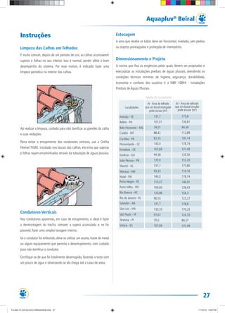 27
Aquapluv®
Beiral
Instruções
Limpeza das Calhas em Telhados
É muito comum, depois de um período de uso, as calhas acumularem
sujeiras e folhas no seu interior. Isso é normal, porém afeta o bom
desempenho do sistema. Por esse motivo, é indicado fazer uma
limpeza periódica no interior das calhas.
Ao realizar a limpeza, cuidado para não danificar as paredes da calha
e suas vedações.
Parra evitar o entupimento dos condutores verticais, use a Grelha
Flexível TIGRE. Instalada nos bocais das calhas, ela evita que sujeiras
e folhas sejam encaminhadas através da tubulação de águas pluviais.
Condutores Verticais
Nos condutores aparentes, em caso de entupimento, o ideal é fazer
a desmontagem do trecho, remover a sujeira acumulada e, se for
possível, fazer uma simples lavagem interna.
Se o condutor for embutido, deve-se utilizar um arame, haste de metal
ou algum equipamento que permita o desentupimento, com cuidado
para não danificar o condutor.
Certifique-se de que foi totalmente desentupido, fazendo o teste com
um pouco de água e observando se ela chega até a caixa de areia.
Estocagem
A área que recebe os tubos deve ser horizontal, nivelada, sem pedras
ou objetos pontiagudos e protegida de intempéries.
Dimensionamento e Projeto
A norma que fixa as exigências pelas quais devem ser projetadas e
executadas as instalações prediais de águas pluviais, atendendo às
condições técnicas mínimas de higiene, segurança, durabilidade,
economia e conforto dos usuários é a NBR 10844 - Instalações
Prediais de Águas Pluviais.
Tabela de Escoamento
Aracaju - SE 137,7
107,01
74,01
88,42
82,35
140,0
107,69
94,38
120,0
137,7
93,33
140,0
115,07
100,60
120,86
96,55
137,7
133,33
97,67
70,0
107,69
175,8
136,61
94,49
112,89
105,14
178,74
137,49
120,50
153,20
175,80
119,16
178,74
146,91
128,43
154,3
123,27
178,8
170,22
124,70
89,37
137,49
Localidades
At - Área de telhado
que um bocal retangular
pode escoar (m²)
At - Área de telhado
que um bocal circular
pode escoar (m²)
Rio de Janeiro - RJ
Belém - PA
Belo Horizonte - MG
Cuiabá - MT
Curitiba - PR
Florianópolis - SC
Fortaleza - CE
Goiânia - GO
João Pessoa - PB
Maceió - AL
Manaus - AM
Natal - RN
Porto Alegre - RS
Porto Velho - RO
Rio Branco - AC
Salvador - BA
São Luís - MA
São Paulo - SP
Teresina - PI
Vitória - ES
TG-464-10 CATALOGO DRENAGEM.indd 27TG-464-10 CATALOGO DRENAGEM.indd 27 11/10/10 5:48 PM11/10/10 5:48 PM
 