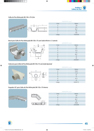 45
Grelhas e
Calhas de Piso
Cotas Valores
A 130
B 101
H 66,7
h 20
L 500
Código 13030359
DIMENSÕES (mm)
Cotas Valores
A 130
B 101
D 75,5
H 127
h1 66,7
h2 20
R 30
Código 32030831
DIMENSÕES (mm)
Cotas Valores
A 136,5
B 112,5
D 40
H 72
h1 45,3
h2 23
Código 32030173
DIMENSÕES (mm)
Cotas Valores
A 130
B 101
H 66,7
h 20
L 246,8
Código 32030289
DIMENSÕES (mm)
Calha de Piso Reforçada DN 130 x 75 0,5m
Bocal para Calha de Piso Reforçada DN 130 x 75 com Saída Inferior e 2 Laterais
Cabeceira para Calha de Piso Reforçada DN 130 x 75 com Saída Opcional
Esquadro 45º para Calha de Piso Reforçado DN 130 x 75 Interno
TG-464-10 CATALOGO DRENAGEM.indd 45TG-464-10 CATALOGO DRENAGEM.indd 45 11/10/10 5:49 PM11/10/10 5:49 PM
 