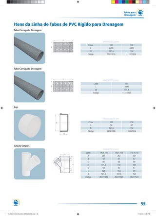 55
Tubos para
Drenagem
Itens da Linha de Tubos de PVC Rígido para Drenagem
Cotas 100 150
L 6000 6000
DE 101,6 150
Código 11311016 11311504
DIMENSÕES (mm)
Cotas 100 150
A 50 67
D 101,6 150
Código 26061008 26061504
DIMENSÕES (mm)
Tubo Corrugado Drenagem
Tubo Corrugado Drenagem
Cap
Junção Simples
DIMENSÕES (mm)
Cotas 100 x 100 150 x 100 150 x 150
A 259 282 351
B 50 67 67
C 80 66 99
D 101,6 150 150
b 50 50 67
c 129 164 99
d 101,6 101,6 150
Código 26277485 26277540 26277523
DIMENSÕES (mm)
Cotas 100
L 3000
DE 101,6
Código 11311032
TG-464-10 CATALOGO DRENAGEM.indd 55TG-464-10 CATALOGO DRENAGEM.indd 55 11/10/10 5:50 PM11/10/10 5:50 PM
 