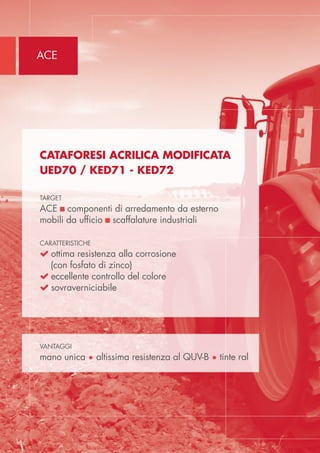 ACE
14
Cataforesi Acrilica Modificata
UED70 / KED71 - KED72
target
ACE  componenti di arredamento da esterno
mobili da ufficio  scaffalature industriali
caratteristiche
 ottima resistenza alla corrosione
(con fosfato di zinco)
 eccellente controllo del colore
 sovraverniciabile
vantaggi
mano unica • altissima resistenza al QUV-B • tinte ral
 