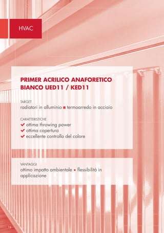 HVAC
16
Primer Acrilico Anaforetico
Bianco UED11 / KED11
target
radiatori in alluminio  termoarredo in acciaio
caratteristiche
 ottima throwing power
 ottima copertura
 eccellente controllo del colore
vantaggi
ottimo impatto ambientale • flessibilità in
applicazione
 