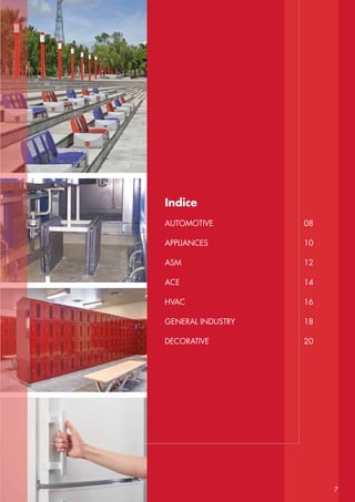 7
Indice	
Automotive	08
appliances	10
ASM	12
ACE	14
HVAC	16
General Industry	 18
Decorative 	 20
 