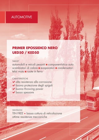 AUTOMOTIVE
8
Primer Epossidico nero
UED50 / KED50
target
automobili e veicoli pesanti  componentistica auto
scambiatori di calore  evaporatori  condensatori
telai moto  ruote in ferro
caratteristiche
 alta resistenza alla corrosione
 buona protezione degli spigoli
 buona throwing power
 basso spessore
vantaggi
TIN FREE • bassa cottura di reticolazione
ottime resistenze meccaniche
 