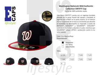 CAPS

E

lifestyle

Washington Nationals MLB Authentic
Collection 59FIFTY Cap
Hecho de 100% poliéster, tejido,
Esta Gorra 59FIFTY® cuenta con un logotipo bordado
elevado en la parte frontal del equipo y bordado el
logotipo de la MLB® en la parte trasera. En el Interior
incluye el grabado de la marca y una banda que absorbe
la humedad. Su desempeño es mejorado a través de
NETECH™, COOLERA™ y SOLARERA™. COOLERA™
controla la humedad y absorbe el sudor, mientras que
SOLARERA™ ofrece UPF50 + protección contra la luz
solar intensa.
Color: Azul Marino/Rojo
Disponibilidad:
Disponible
Pre-Venta
SobrePedido
Tallas:
6 7/8

7

7 1/8

7 1/4

7 3/8

7 1/2

7 5/8

7 3/4

8

 