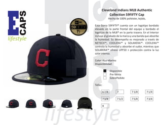 CAPS

E

lifestyle

Cleveland Indians MLB Authentic
Collection 59FIFTY Cap
Hecho de 100% poliéster, tejido,
Esta Gorra 59FIFTY® cuenta con un logotipo bordado
elevado en la parte frontal del equipo y bordado el
logotipo de la MLB® en la parte trasera. En el Interior
incluye el grabado de la marca y una banda que absorbe
la humedad. Su desempeño es mejorado a través de
NETECH™, COOLERA™ y SOLARERA™. COOLERA™
controla la humedad y absorbe el sudor, mientras que
SOLARERA™ ofrece UPF50 + protección contra la luz
solar intensa.
Color: Azul Marino
Disponibilidad:
Disponible
Pre-Venta
SobrePedido
Tallas:
6 7/8

7

7 1/8

7 1/4

7 3/8

7 1/2

7 5/8

7 3/4

8

 