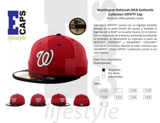 CAPS

E

lifestyle

Washington Nationals MLB Authentic
Collection 59FIFTY Cap
Hecho de 100% poliéster, tejido,
Esta Gorra 59FIFTY® cuenta con un logotipo bordado
elevado en la parte frontal del equipo y bordado el
logotipo de la MLB® en la parte trasera. En el Interior
incluye el grabado de la marca y una banda que absorbe
la humedad. Su desempeño es mejorado a través de
NETECH™, COOLERA™ y SOLARERA™. COOLERA™
controla la humedad y absorbe el sudor, mientras que
SOLARERA™ ofrece UPF50 + protección contra la luz
solar intensa.
Color: Rojo / Azul Marino
Disponibilidad:
Disponible
Pre-Venta
SobrePedido
Tallas:
6 7/8

7

7 1/8

7 1/4

7 3/8

7 1/2

7 5/8

7 3/4

8

 