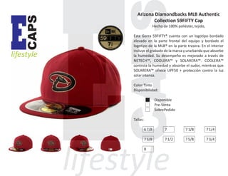 CAPS

E

lifestyle

Arizona Diamondbacks MLB Authentic
Collection 59FIFTY Cap
Hecho de 100% poliéster, tejido,
Esta Gorra 59FIFTY® cuenta con un logotipo bordado
elevado en la parte frontal del equipo y bordado el
logotipo de la MLB® en la parte trasera. En el Interior
incluye el grabado de la marca y una banda que absorbe
la humedad. Su desempeño es mejorado a través de
NETECH™, COOLERA™ y SOLARERA™. COOLERA™
controla la humedad y absorbe el sudor, mientras que
SOLARERA™ ofrece UPF50 + protección contra la luz
solar intensa.
Color:Tinto
Disponibilidad:
Disponible
Pre-Venta
SobrePedido
Tallas:
6 7/8

7

7 1/8

7 1/4

7 3/8

7 1/2

7 5/8

7 3/4

8

 