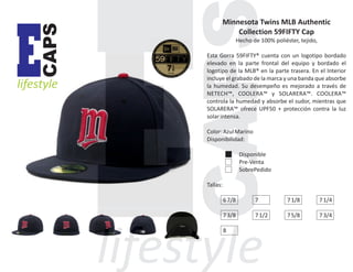 CAPS

E

lifestyle

Minnesota Twins MLB Authentic
Collection 59FIFTY Cap
Hecho de 100% poliéster, tejido,
Esta Gorra 59FIFTY® cuenta con un logotipo bordado
elevado en la parte frontal del equipo y bordado el
logotipo de la MLB® en la parte trasera. En el Interior
incluye el grabado de la marca y una banda que absorbe
la humedad. Su desempeño es mejorado a través de
NETECH™, COOLERA™ y SOLARERA™. COOLERA™
controla la humedad y absorbe el sudor, mientras que
SOLARERA™ ofrece UPF50 + protección contra la luz
solar intensa.
Color: Azul Marino
Disponibilidad:
Disponible
Pre-Venta
SobrePedido
Tallas:
6 7/8

7

7 1/8

7 1/4

7 3/8

7 1/2

7 5/8

7 3/4

8

 