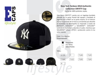 CAPS

E

lifestyle

New York Yankees MLB Authentic
Collection 59FIFTY Cap
Hecho de 100% poliéster, tejido,
Esta Gorra 59FIFTY® cuenta con un logotipo bordado
elevado en la parte frontal del equipo y bordado el
logotipo de la MLB® en la parte trasera. En el Interior
incluye el grabado de la marca y una banda que absorbe
la humedad. Su desempeño es mejorado a través de
NETECH™, COOLERA™ y SOLARERA™. COOLERA™
controla la humedad y absorbe el sudor, mientras que
SOLARERA™ ofrece UPF50 + protección contra la luz
solar intensa.
Color: Azul Marino
Disponibilidad:
Disponible
Pre-Venta
SobrePedido
Tallas:
6 7/8

7

7 1/8

7 1/4

7 3/8

7 1/2

7 5/8

7 3/4

8

 