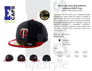 CAPS

E

lifestyle

Minnesota Twins MLB Authentic
Collection 59FIFTY Cap
Hecho de 100% poliéster, tejido,
Esta Gorra 59FIFTY® cuenta con un logotipo bordado
elevado en la parte frontal del equipo y bordado el
logotipo de la MLB® en la parte trasera. En el Interior
incluye el grabado de la marca y una banda que absorbe
la humedad. Su desempeño es mejorado a través de
NETECH™, COOLERA™ y SOLARERA™. COOLERA™
controla la humedad y absorbe el sudor, mientras que
SOLARERA™ ofrece UPF50 + protección contra la luz
solar intensa.
Color: Azul Marino/Rojo
Disponibilidad:
Disponible
Pre-Venta
SobrePedido
Tallas:
6 7/8

7

7 1/8

7 1/4

7 3/8

7 1/2

7 5/8

7 3/4

8

 