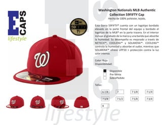 CAPS

E

lifestyle

Washington Nationals MLB Authentic
Collection 59FIFTY Cap
Hecho de 100% poliéster, tejido,
Esta Gorra 59FIFTY® cuenta con un logotipo bordado
elevado en la parte frontal del equipo y bordado el
logotipo de la MLB® en la parte trasera. En el Interior
incluye el grabado de la marca y una banda que absorbe
la humedad. Su desempeño es mejorado a través de
NETECH™, COOLERA™ y SOLARERA™. COOLERA™
controla la humedad y absorbe el sudor, mientras que
SOLARERA™ ofrece UPF50 + protección contra la luz
solar intensa.
Color: Rojo
Disponibilidad:
Disponible
Pre-Venta
SobrePedido
Tallas:
6 7/8

7

7 1/8

7 1/4

7 3/8

7 1/2

7 5/8

7 3/4

8

 