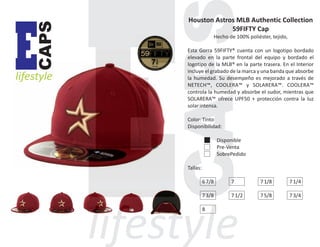 CAPS

E

lifestyle

Houston Astros MLB Authentic Collection
59FIFTY Cap
Hecho de 100% poliéster, tejido,
Esta Gorra 59FIFTY® cuenta con un logotipo bordado
elevado en la parte frontal del equipo y bordado el
logotipo de la MLB® en la parte trasera. En el Interior
incluye el grabado de la marca y una banda que absorbe
la humedad. Su desempeño es mejorado a través de
NETECH™, COOLERA™ y SOLARERA™. COOLERA™
controla la humedad y absorbe el sudor, mientras que
SOLARERA™ ofrece UPF50 + protección contra la luz
solar intensa.
Color: Tinto
Disponibilidad:
Disponible
Pre-Venta
SobrePedido
Tallas:
6 7/8

7

7 1/8

7 1/4

7 3/8

7 1/2

7 5/8

7 3/4

8

 