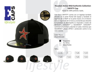 CAPS

E

lifestyle

Houston Astros MLB Authentic Collection
59FIFTY Cap
Hecho de 100% poliéster, tejido,
Esta Gorra 59FIFTY® cuenta con un logotipo bordado
elevado en la parte frontal del equipo y bordado el
logotipo de la MLB® en la parte trasera. En el Interior
incluye el grabado de la marca y una banda que absorbe
la humedad. Su desempeño es mejorado a través de
NETECH™, COOLERA™ y SOLARERA™. COOLERA™
controla la humedad y absorbe el sudor, mientras que
SOLARERA™ ofrece UPF50 + protección contra la luz
solar intensa.
Color: Negro
Disponibilidad:
Disponible
Pre-Venta
SobrePedido
Tallas:
6 7/8

7

7 1/8

7 1/4

7 3/8

7 1/2

7 5/8

7 3/4

8

 