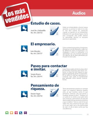 10 
Audios 
INSTITUTO DE NEGOCIOS AMWAY presenta 
Pasos Para 
contactar e invitar 
Sergio Rivera 
SKU:236741 
Pasos para contactar 
e invitar. 
Sergio Rivera 
No. Art: 236741 
Sergio Rivera explica de forma clara y fácil 
de entender el proceso para hacer con-tactos. 
La clave de este negocio es que 
sigamos agregando gente a nuestra lista. 
Por lo tanto es vital que aprendamos a 
contactar. Este audio es fundamental 
para aprender cómo hacerlo correcta-mente. 
INSTITUTO DE NEGOCIOS AMWAY presenta 
Pensamientos de 
riqueza 
Dexter Yager 
SKU:236742 
Pensamiento de 
riqueza. 
Dexter Yager 
No. Art: 236742 
Tener pensamientos positivos es siempre 
mejor. Los negativos debemos dejarlos 
atrás, ya que nosotros somos lo que 
pensamos. Entonces ¿Por que pensar y 
visualizar siempre lo peor? Empieza con 
un sueño en tu mente y ese sueño tiene 
que continuar y permanecer ahí para dar 
oportunidad a los pensamientos positivos 
y que se realicen. Éxito es creer en lo que 
nadie más cree y entonces hay que creer 
en lo que nadie más se da oportunidad 
de creer. Un día te darás cuenta que hay 
una diferencia. 
INSTITUTO DE NEGOCIOS AMWAY presenta 
¡HABLAN LOS LÍDERES DE AMÉRICA LATINA! 
SERIE II 
ESTUDIO DE CASOS 
José de J. Bobadilla 
SKU:236732 
Estudio de casos. 
José De J. Bobadilla 
No. Art: 236732 
Debes ser emprendedor y buscar nuevas 
opciones. La actitud es todo en la vida. 
Es más fácil superar los obstáculos 
cuando no piensas en tus limitaciones. 
Enfócate en lo que deseas lograr y lucha 
para conseguirlo. Para poder obtener 
un aprendizaje efectivo es necesario 
practicar lo aprendido. 
INSTITUTO DE NEGOCIOS AMWAY presenta 
El EmprEsario 
Iván Morales 
SKU:236737 
El empresario. 
Iván Morales 
No. Art: 236737 
Cómo cambiar la actitud de un Empresario 
Amway por una de Diamante, cuáles son 
las diferencias entre un Empresario y un 
empleado y cómo la motivación y el 
aprendizaje son una inversión personal, 
son algunas de las ideas planteadas por 
el autor en este audio. 
 