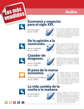 8 
Audios 
Cazador de 
dragones. 
José de J. Bobadilla 
No. Art: 109992 
INSTITUTO DE NEGOCIOS AMWAY presenta 
Cazador 
de dragones 
José de J. Bobadilla 
SKU: 109992 
Conoce de qué se trata el negocio de 
Amway y la importancia de su programa 
educativo en la voz de José Bobadilla, 
quien sustenta la importancia de tener 
continuidad en cualquier proceso 
educativo. 
La vida cambia de la 
noche a la mañana. 
Fernando Palacio 
No. Art: 110003 
INSTITUTO DE NEGOCIOS AMWAY presenta 
la vida cambia de la 
noche a la mañana 
Fernando Palacio 
SKU:110003 
El autor presenta en este audio los 
diferentes pretextos con los que se 
enfrentan las personas día a día y cómo 
éstos van desapareciendo a medida que 
van avanzando en el negocio. Comenta 
además sus sentimientos después de su 
accidente y cómo este episodio en su 
vida fue un inicio para salir adelante. 
De la opinión a la 
convicción. 
José de J. Bobadilla 
No. Art: 109991 
INSTITUTO DE NEGOCIOS AMWAY presenta 
De la opinión a la 
convicción 
José de J. Bobadilla 
SKU: 109991 
Conoce algunas ideas del autor acerca 
de la importancia del manejo de la 
información y su tesis acerca de la 
ignorancia como el principal problema 
del ser humano. José Bobadilla resalta en 
este audio la importancia de manejar la 
información correcta acerca del negocio 
de Amway para crear una buena imagen. 
Economía y negocios 
para el siglo XXI. 
INSTITUTO DE NEGOCIOS AMWAY presenta 
EconomÍa y 
nEgocios para 
El siglo XXi 
Fernando Palacio 
SKU: 109990 
En el sistema tradicional en el que 
vivimos, la mayor parte de las personas 
nos hacemos escépticos y vemos las 
cosas desde un punto de vista negativo, 
no debemos decir “NO” hasta conocer la 
Oportunidad. El Negocio es una opción 
más de volverse empresario. 
Fernando Palacio 
No. Art: 109990 
El pozo de la nueva 
economía. 
Carlos Eduardo Castellanos 
No. Art: 109993 
INSTITUTO DE NEGOCIOS AMWAY presenta 
EL POZO DE LA 
NUEVA ECONOMÍA 
Carlos Eduardo Castellanos 
SKU: 109993 
Los cambios actuales en la economía 
y la metáfora del pozo, son algunas 
de las ideas planteadas por el autor 
para generar conciencia acerca de 
cómo se generan los ingresos día a 
día y cómo el Negocio de Amway es la 
mejor Oportunidad. Conoce algunas 
ideas acerca de cómo vender la mala 
información y las objeciones. 
 