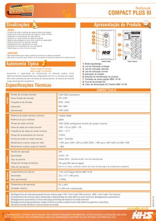 Nobreak
                                                                                                                                COMPACT PLUS III
  Sinalizações                                                                                                Apresentação do Produto
      VISUAL :
      Presença de rede e condição de carga ou bateria carregada                                              1                                                     R
                                                                                                                                                                                                                    TROCAR BATERIA
                                                                                                                                                                                                                  EM NO MÁX. 5 ANOS OU
                                                                                                                                                                                                                  QUANDO LED AMARELO
                                                                                                                                                                                                                      ACESO DIRETO

      Ausência de rede e percentual de carga em modo inversor                                                                              6




                                                                                                                                                                       1 234567 890128
                                                                                                                                                  Modelo: Mini II
                                                                                                                                                  Fabricação: OUT/05
                                                                                                                                                  Numero Série:10001

      Subtensão ou sobretensão da rede elétrica                                                              2




                                                                                                                                                                                         Modelo / Nº Série
                                                                                                                                                  Pot. Nom:
                                                                                                                                                  T. Ent. Nom:                                               TENSÃO DE SAÍDA NOMINAL 120V
                                                                                                                                                  T. Saída Nom:
                                                                                                                                                  Cor. Nom:


      Ausência ou carga mínima na saída do nobreak                                                                                                Freq. Nom:
                                                                                                                                                  Fusivel:
                                                                                                                                                  Garantia: 2 Anos



      Bateria descarregada ou com nível mínimo de capacidade                                                 3                                    Curitiba - PR - 0xx41 2141-9200



      Potência excessiva na saída do nobreak
      Desligamento por sobretensão na saída                                                                  4
                                                                                                                                           7
                                                                                                                                                         SELEÇÃO
                                                                                                                                                        AUTOMATICA
                                                                                                                                                        DA TENSÃO
                                                                                                                                                        DE ENTRADA
      Indicação de necessidade de troca de bateria                                                                                                       120V/220V



      Sobrecarga ou curto-circuito na saída
                                                                                                             5                             8
      AUDITIVAS:
      Bip intermitente para indicar potência excessiva na saída do nobreak                                                                 9
      Bip sonoro crescente para indicar nível de queda da tensão de bateria em modo inversor

                                                                                                                       Vista Frontal                              Vista Traseira

  Autonomia Típica                                                                               1. Botão liga/desliga
                                                                                                 2. Led de indicação proteção
                                     Plena carga 5 minutos                                       3. Led de indicação atenção
                                     Meia carga 12 minutos                                       4. Led de indicação normal
   Autonomia e capacidade de alimentação do Nobreak podem variar                                 5. Indicação do modelo
   significativamente dependendo das configurações do micro e consumo das cargas,                6. Etiqueta de identificação do produto
   bem como condições de uso e do tempo de vida da bateria, do número de ciclos de               7. Tomadas de saída padrão NBR 14136
   carga e da temperatura ambiente.                                                              8. Fusível de entrada AC

 Especificações Técnicas                                                                         9. Cabo de alimentação AC Padrão NBR 14136

                                                                                                                  COMPACT PLUS III
              Tensão de entrada nominal                               120V/220V automático
  ENTRADA




              Faixa Tensão de entrada                                 95V~245V
              Frequência de entrada                                   47Hz - 63Hz

              Subtensão                                               95V/180V
              Sobretensão                                             140V/245V

              Potência de saída nominal contínua                      1200VA/500W
              Potência de pico nominal                                600W
              Tensão de saída nominal                                 120V (220V configurável através de jumper interno)
              Faixa de saída em modo inversor                         120V +-5% ou 220V +- 5%
  SAÍDA




              Frequência de saída em modo inversor                    60Hz +- 0,1%

              Tempo de acionamento do inversor                        <0,8ms
              Forma-de-onda em modo inversor                          Semi - Senoidal
              Rendimento a plena carga em rede                        >=95% para 120V/120V ou 220V/220V. >=90% para 120V/220V ou 220V/120V
              Rendimento a plena carga em bateria                     >=80%

              Tensão de operação                                      24V
              Quantidade                                              2x7Ah/ 12V
  BATERIA




              Tipo da bateria                                         Selada VRLA , chumbo-ácida, livre de manutenção

              Tempo de recarga da bateria                             10h após 90% descarregada
              Vida útil da bateria                                    Entre 2 e 5 anos, conforme número de ciclos de descarga e da temperatura ambiente.

              Comprimento do cabo AC                                  1,5m com Plugue Padrão NBR 14136
   MECÂNICA




              Dimensões                                               323 x 117 x 185 [mm]
              Peso aproximado                                         11,85Kg

              Temperatura de operação                                 0ºC a 40ºC
  AMB.




              Umidade relativa                                        0 a 90% sem condensação

              Desligamento do nobreak quando houver sobrecarga 110%: 7min rede/50s inversor. 160%: 1min rede/15s inversor.
  PROTEÇÕES




              Acionamento do inversor para subtensão e sobretensão na rede elétrica com retorno e desligamento automático
                                                                                                                                                                                                                                            ROO/03-10




              Desligamento automático contra descarga profunda de bateria no modo inversor
              Desligamento programado por carga mínima na saída e ausência da rede elétrica superior a uma hora
              Varistores óxido metálico contra surtos de tensão



AS INFORMAÇÕES CONTIDAS NESTE MANUAL TÊM CARÁTER PURAMENTE INFORMATIVO, ESTÃO SUJEITAS A ALTERAÇÕES SEM AVISO                                                                                                                                R




PRÉVIO E NÃO DEVEM SER INTERPRETADAS COMO UM COMPROMISSO POR PARTE DA NHS SISTEMAS ELETRÔNICOS LTDA.
 