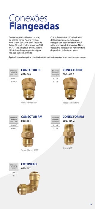 Conexões
Flangeadas
Conexões produzidas em bronze,
de acordo com a Norma Técnica
NBR 15277, utilizadas com Tubos de
Cobre Flexível, conforme norma NBR
14745. São aplicadas em instalações
hidráulicas de água quente e água
fria, gás e ar comprimido.
O acoplamento se dá pelo sistema
de flangeamento do tubo, com
vedação por aperto metal x metal
(vide processo de instalação). Não é
necessária aplicação de nenhum tipo
de produto vedante ou solda.
Após a instalação, aplicar o teste de estanqueidade, conforme norma correspondente.
COTOVELO
CÓD.: 307
Diâmetro
Nominal
(mm)
10
15
CONECTOR RM
CÓD.: 304
Diâmetro
Nominal
(mm x pol)
10 x 1/2”
15 x 1/2”
Rosca Macho BSPT
Rosca NPT
CONECTOR RM
CÓD.: 404 M
Diâmetro
Nominal
(mm x pol)
10 x 1/2”
15 x 1/2”
CONECTOR RF
CÓD.: 403 F
Rosca Fêmea NPT
Diâmetro
Nominal
(mm x pol)
10 x 1/2”
15 x 1/2”
CONECTOR RF
CÓD.: 303
Diâmetro
Nominal
(mm x pol)
10 x 1/2”
15 x 1/2”
Rosca Fêmea BSP
15
 