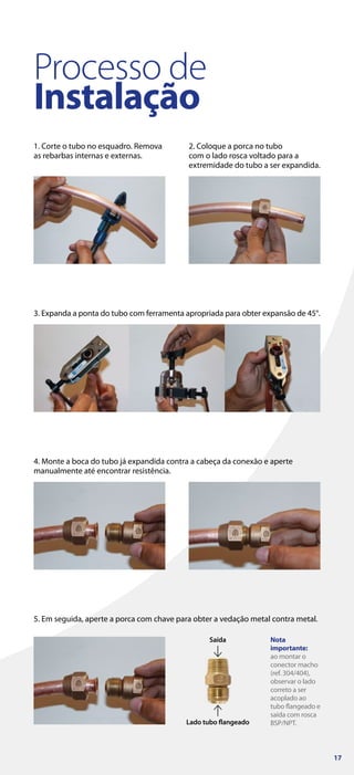 Processo de
Instalação
3. Expanda a ponta do tubo com ferramenta apropriada para obter expansão de 45°.
1. Corte o tubo no esquadro. Remova
as rebarbas internas e externas.
2. Coloque a porca no tubo
com o lado rosca voltado para a
extremidade do tubo a ser expandida.
4. Monte a boca do tubo já expandida contra a cabeça da conexão e aperte
manualmente até encontrar resistência.
5. Em seguida, aperte a porca com chave para obter a vedação metal contra metal.
Nota
importante:
ao montar o
conector macho
(ref. 304/404),
observar o lado
correto a ser
acoplado ao
tubo flangeado e
saída com rosca
BSP/NPT.
Saída
Lado tubo flangeado
17
 