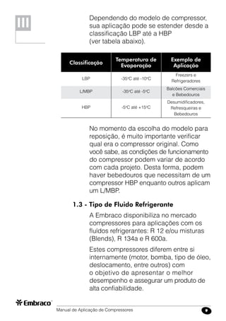 Manual de Aplicação de Compressores 9
No momento da escolha do modelo para
reposição, é muito importante verificar
qual era o compressor original. Como
você sabe, as condições de funcionamento
do compressor podem variar de acordo
com cada projeto. Desta forma, podem
haver bebedouros que necessitam de um
compressor HBP enquanto outros aplicam
um L/MBP.
1.3 - Tipo de Fluido Refrigerante
A Embraco disponibiliza no mercado
compressores para aplicações com os
fluídos refrigerantes: R 12 e/ou misturas
(Blends), R 134a e R 600a.
Estes compressores diferem entre si
internamente (motor, bomba, tipo de óleo,
deslocamento, entre outros) com
o objetivo de apresentar o melhor
desempenho e assegurar um produto de
alta confiabilidade.
Classificação
Temperatura de
Evaporação
Exemplo de
Aplicação
LBP
L/MBP
HBP
-35o
C até -10o
C
-35o
C até -5o
C
-5o
C até +15o
C
Freezers e
Refrigeradores
Balcões Comerciais
e Bebedouros
Desumidificadores,
Refresqueiras e
Bebedouros
III
Dependendo do modelo de compressor,
sua aplicação pode se estender desde a
classificação LBP até a HBP
(ver tabela abaixo).
 