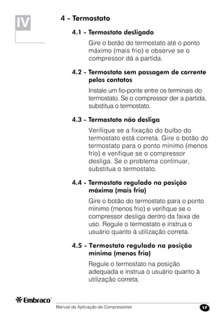 Manual de Aplicação de Compressores 17
4 - Termostato
4.1 - Termostato desligado
Gire o botão do termostato até o ponto
máximo (mais frio) e observe se o
compressor dá a partida.
4.2 - Termostato sem passagem de corrente
pelos contatos
Instale um fio-ponte entre os terminais do
termostato. Se o compressor der a partida,
substitua o termostato.
4.3 - Termostato não desliga
Verifique se a fixação do bulbo do
termostato está correta. Gire o botão do
termostato para o ponto mínimo (menos
frio) e verifique se o compressor
desliga. Se o problema continuar,
substitua o termostato.
4.4 - Termostato regulado na posição
máxima (mais fria)
Gire o botão do termostato para o ponto
mínimo (menos frio) e verifique se o
compressor desliga dentro da faixa de
uso. Regule o termostato e instrua o
usuário quanto à utilização correta.
4.5 - Termostato regulado na posição
mínima (menos fria)
Regule o termostato na posição
adequada e instrua o usuário quanto à
utilização correta.
IV
 
